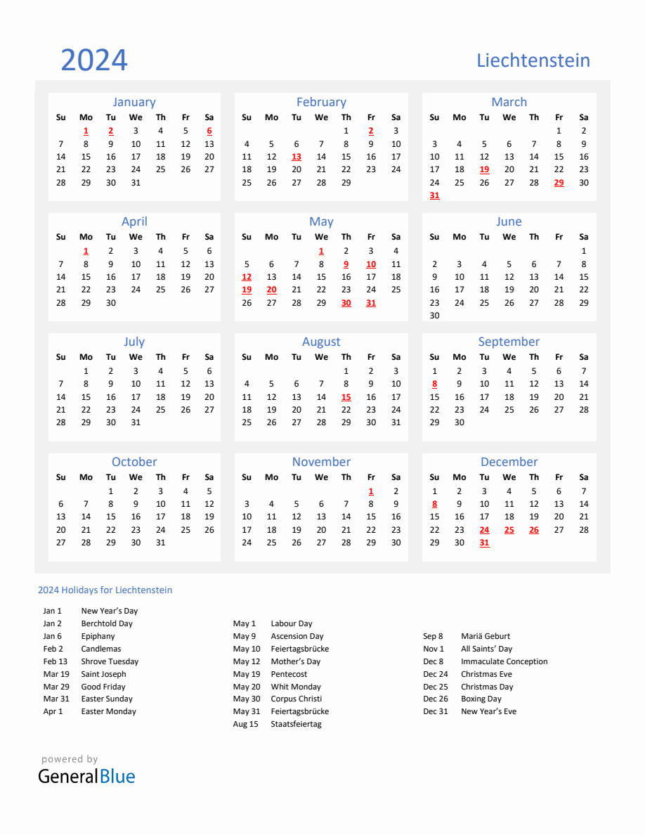 Basic Yearly Calendar with Holidays in Liechtenstein for 2024