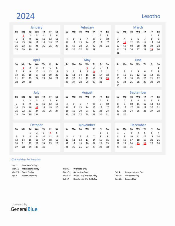 Basic Yearly Calendar with Holidays in Lesotho for 2024 