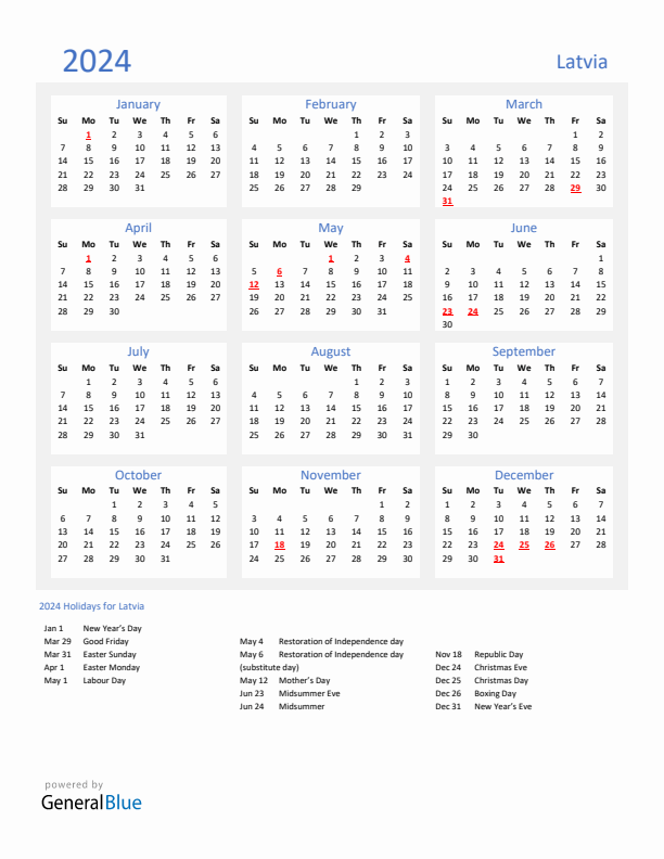 Basic Yearly Calendar with Holidays in Latvia for 2024 