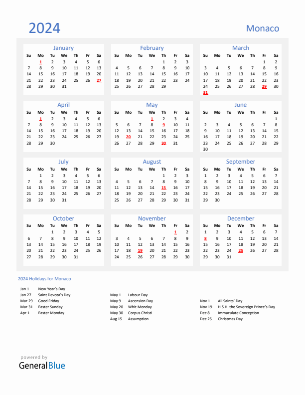 Basic Yearly Calendar with Holidays in Monaco for 2024 