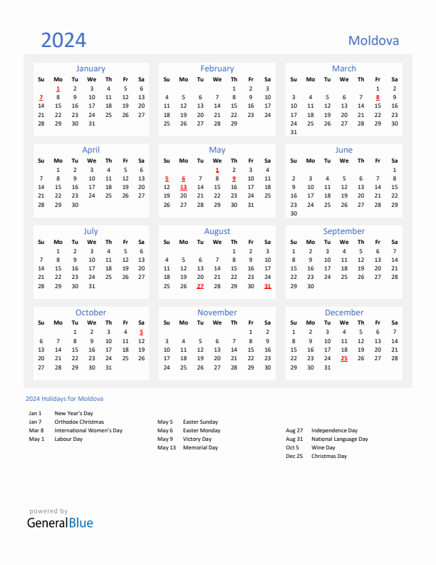 Basic Yearly Calendar with Holidays in Moldova for 2024 