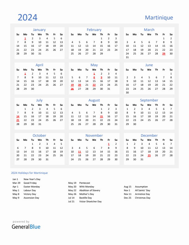 Basic Yearly Calendar with Holidays in Martinique for 2024 