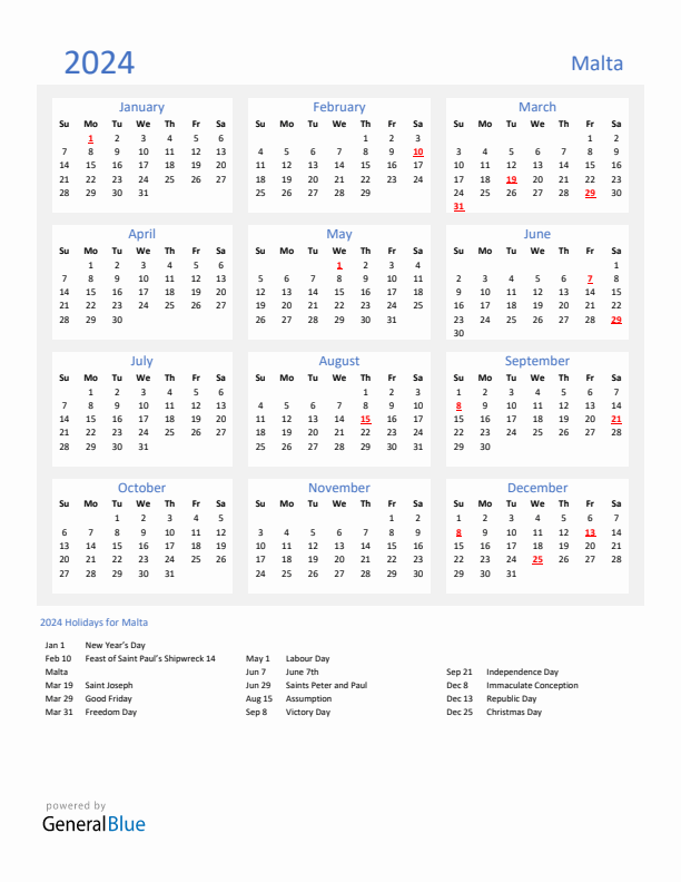 Basic Yearly Calendar with Holidays in Malta for 2024 