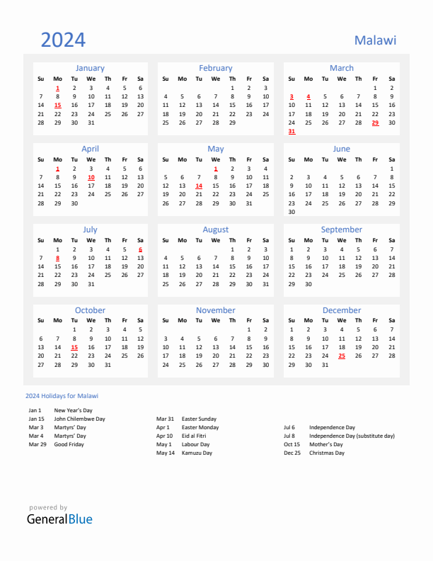 Basic Yearly Calendar with Holidays in Malawi for 2024 
