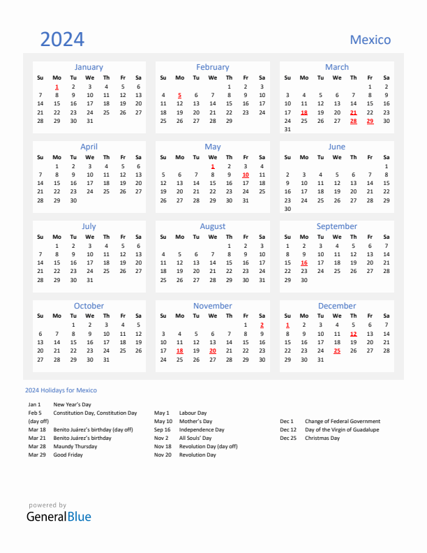 Basic Yearly Calendar with Holidays in Mexico for 2024 