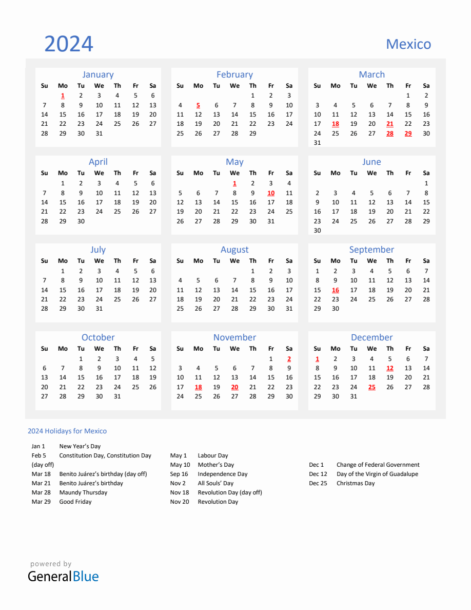 Basic Yearly Calendar with Holidays in Mexico for 2024