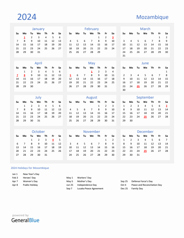 Basic Yearly Calendar with Holidays in Mozambique for 2024 