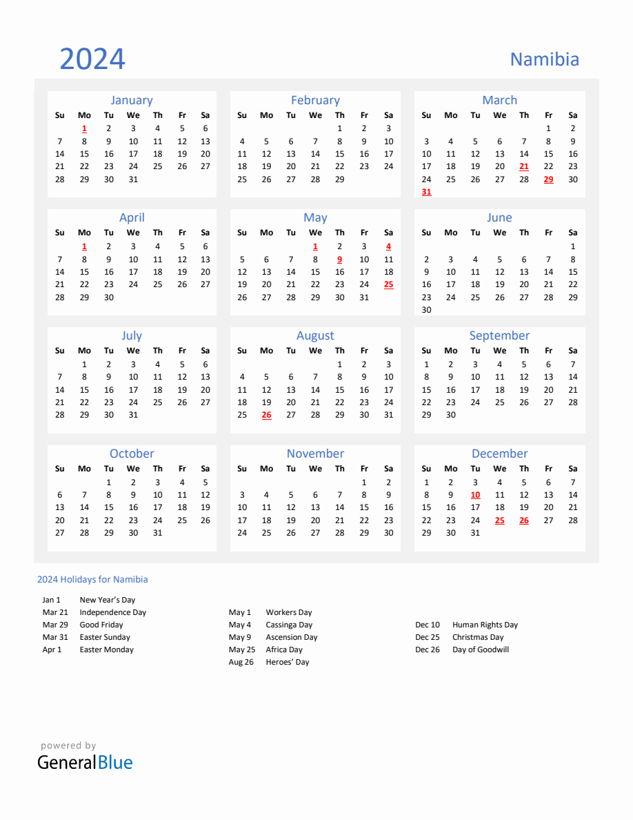 Basic Yearly Calendar with Holidays in Namibia for 2024