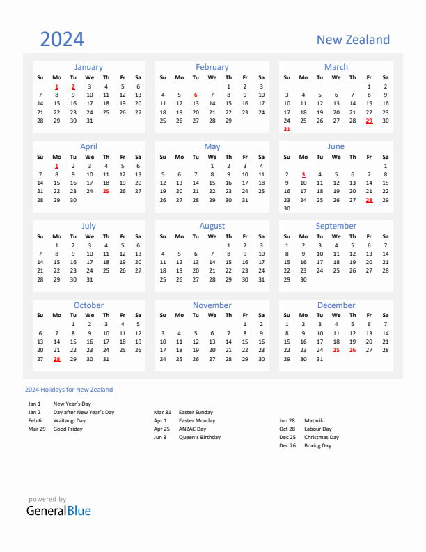 Basic Yearly Calendar with Holidays in New Zealand for 2024 