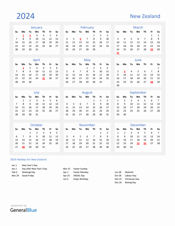 2024 New Zealand Calendar With Holidays