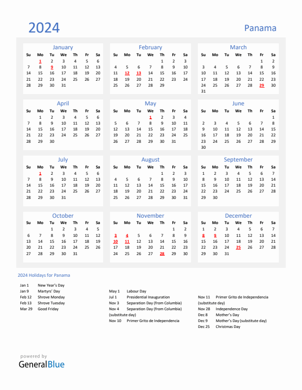 Basic Yearly Calendar with Holidays in Panama for 2024 