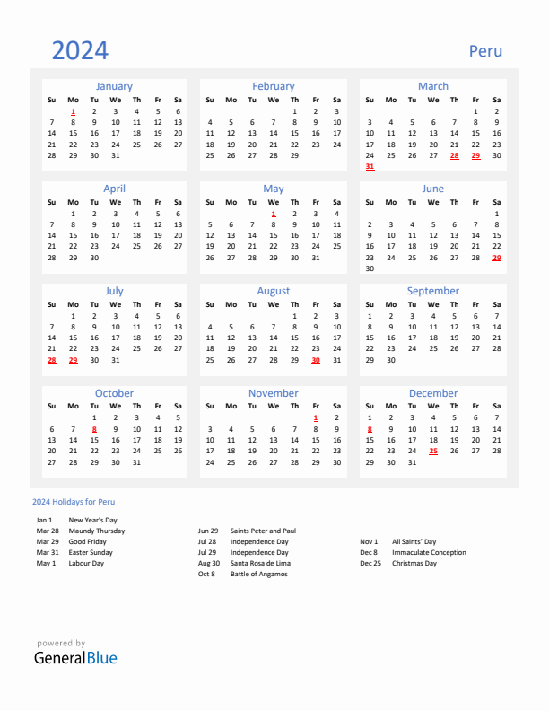 Basic Yearly Calendar with Holidays in Peru for 2024 