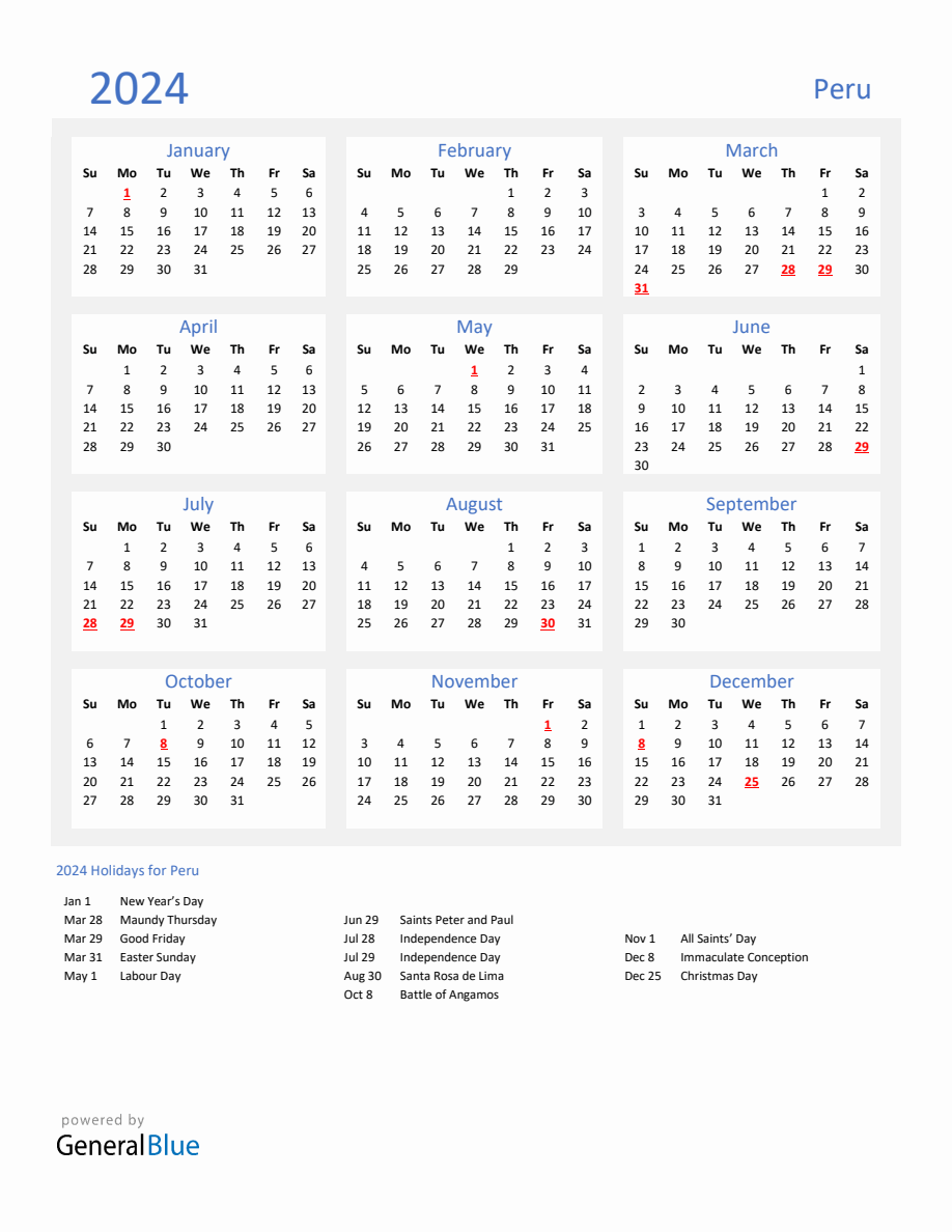 Basic Yearly Calendar with Holidays in Peru for 2024