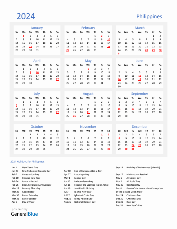 Basic Yearly Calendar with Holidays in Philippines for 2024