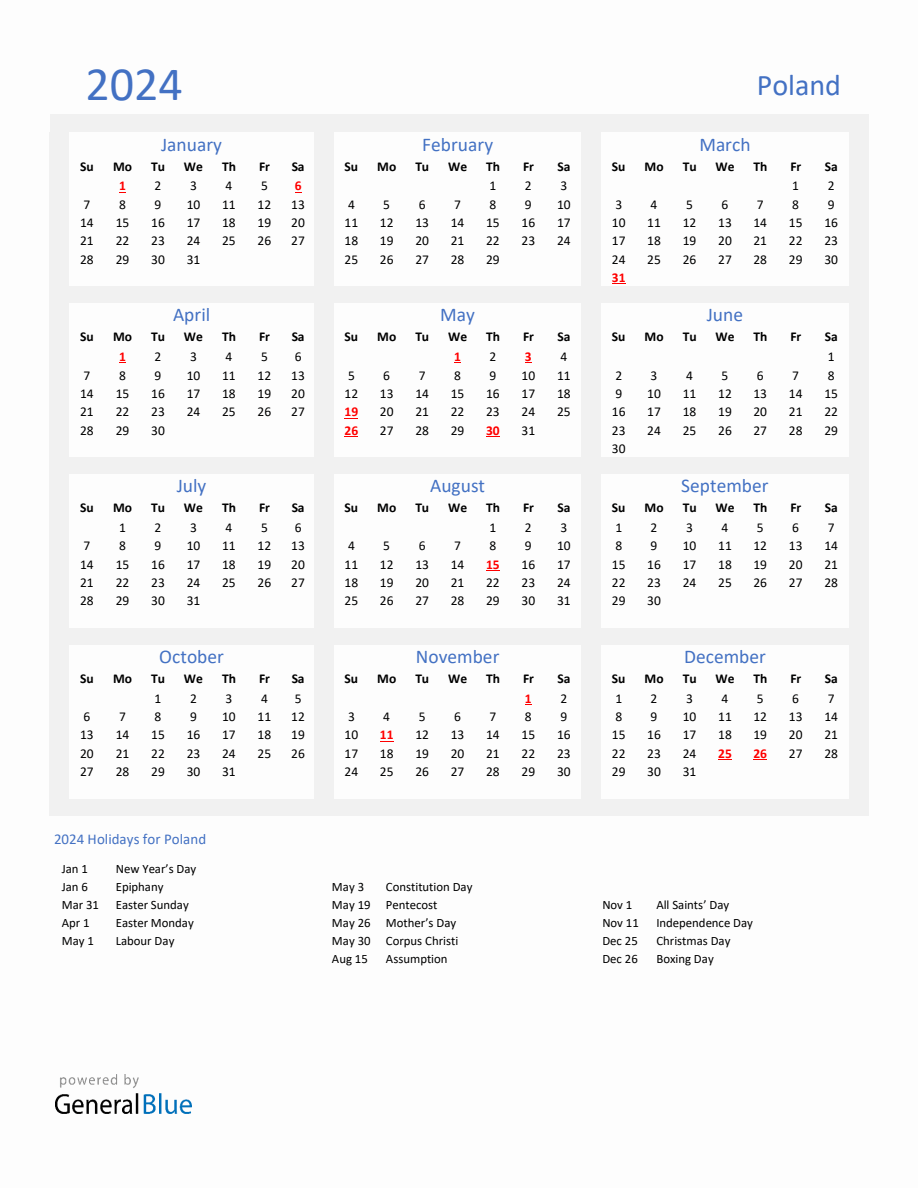 Basic Yearly Calendar With Holidays In Poland For 2024