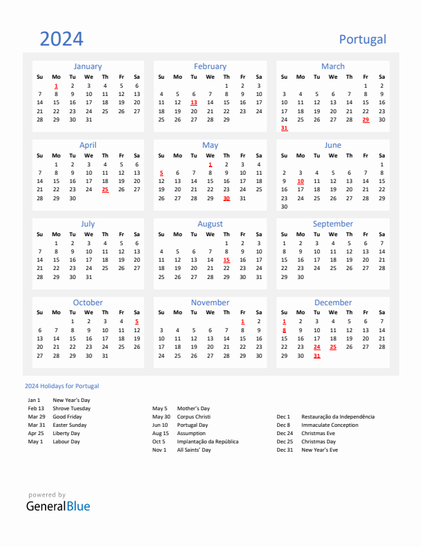 Basic Yearly Calendar with Holidays in Portugal for 2024 