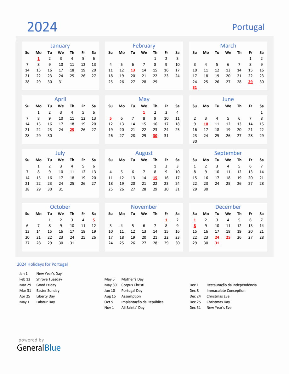 Basic Yearly Calendar with Holidays in Portugal for 2024