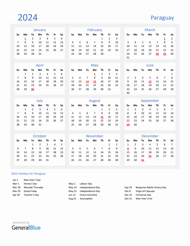 Basic Yearly Calendar with Holidays in Paraguay for 2024 