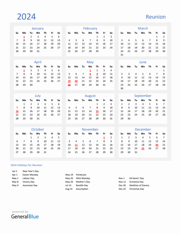 Basic Yearly Calendar with Holidays in Reunion for 2024 