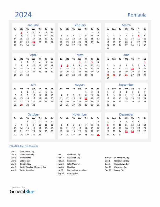 Basic Yearly Calendar with Holidays in Romania for 2024 