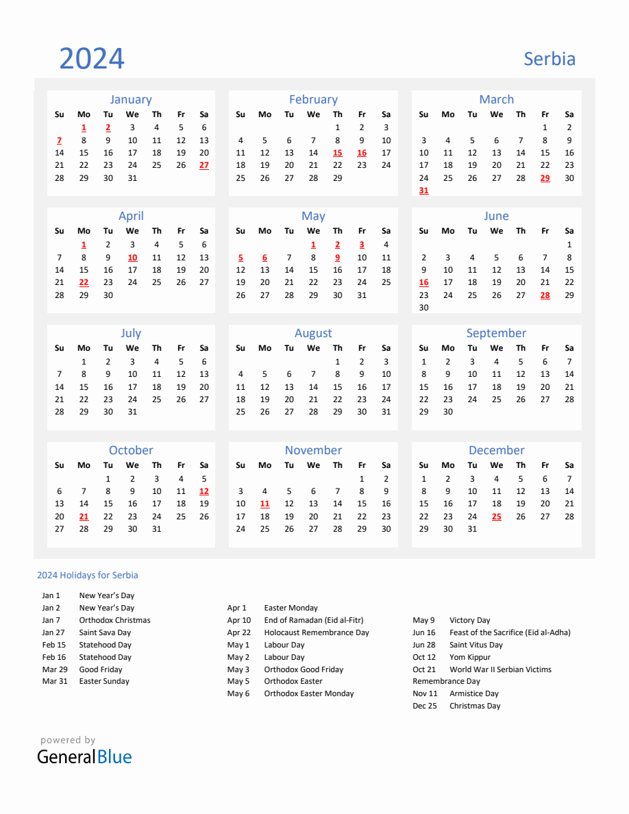 Basic Yearly Calendar with Holidays in Serbia for 2024