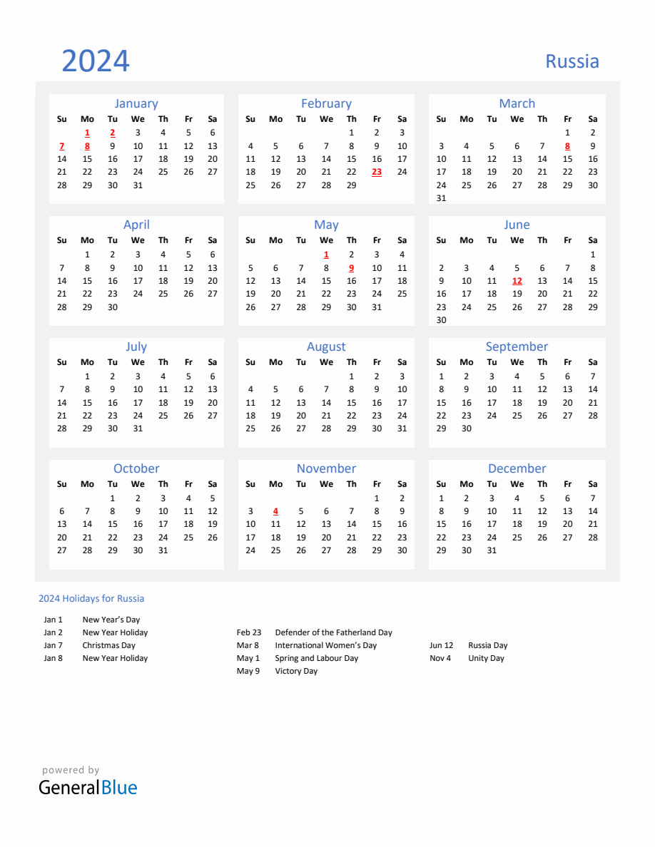 Basic Yearly Calendar with Holidays in Russia for 2024