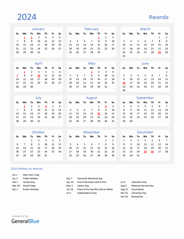 Basic Yearly Calendar with Holidays in Rwanda for 2024 