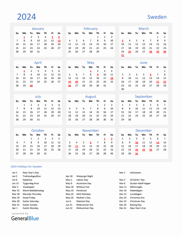 Basic Yearly Calendar with Holidays in Sweden for 2024 