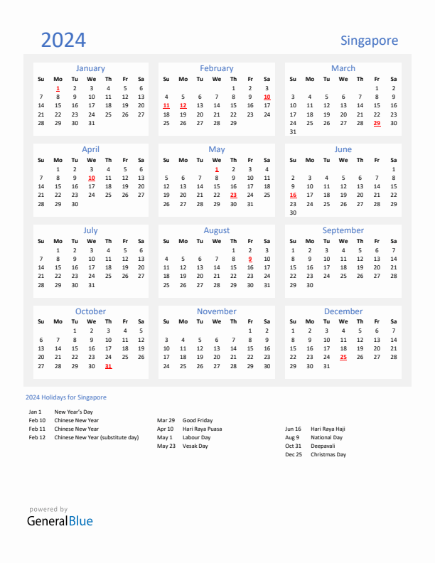 Basic Yearly Calendar with Holidays in Singapore for 2024 