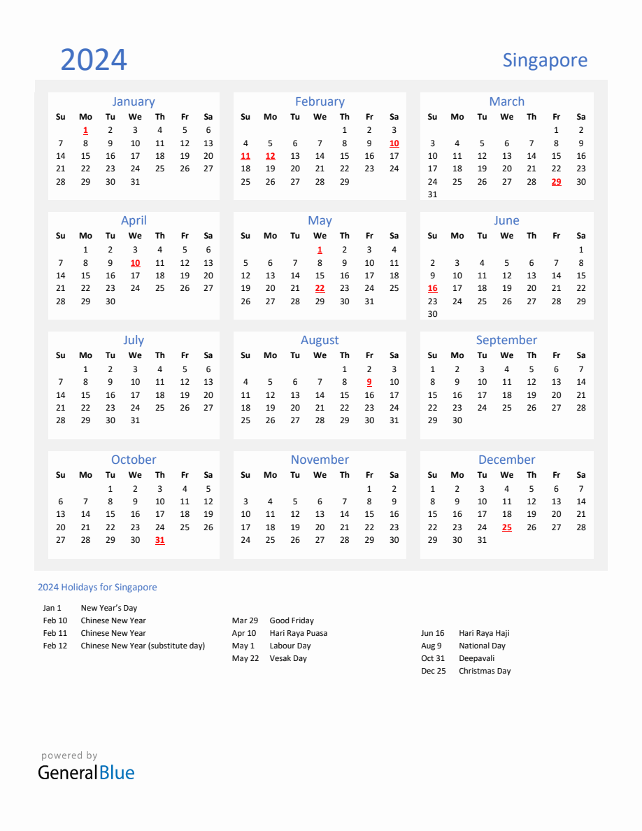 Basic Yearly Calendar with Holidays in Singapore for 2024