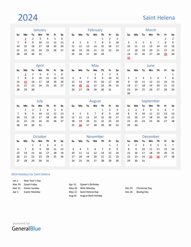 Basic Yearly Calendar with Holidays in Saint Helena for 2024 