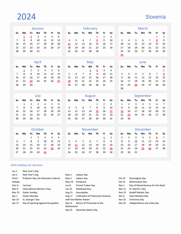 Basic Yearly Calendar with Holidays in Slovenia for 2024 