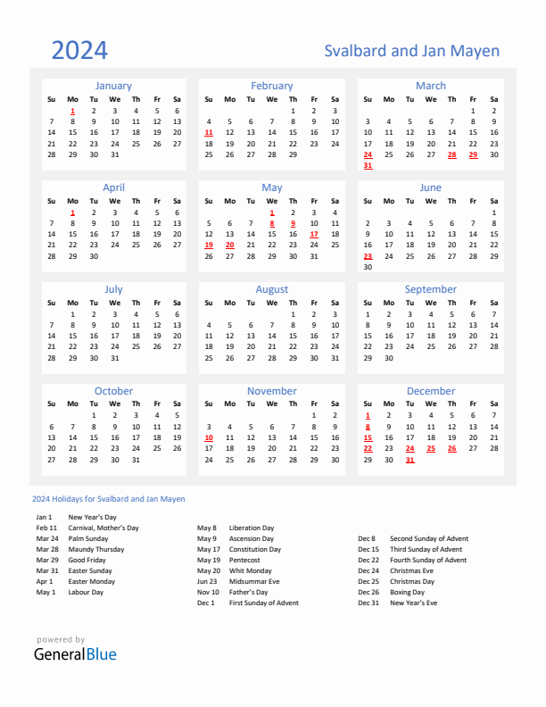 Basic Yearly Calendar with Holidays in Svalbard and Jan Mayen for 2024 