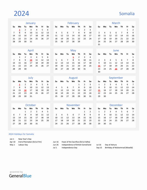 Basic Yearly Calendar with Holidays in Somalia for 2024 