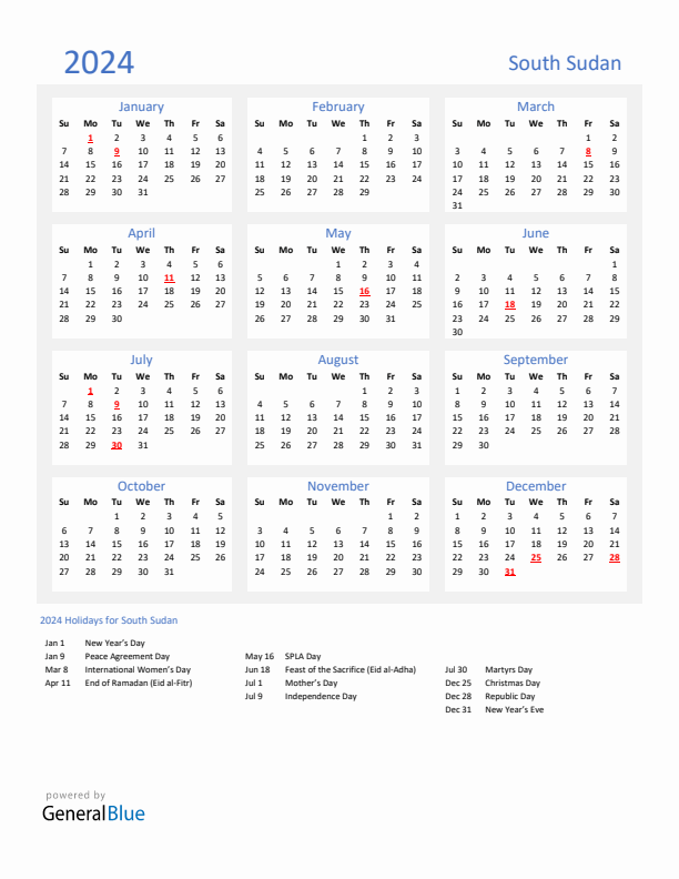 Basic Yearly Calendar with Holidays in South Sudan for 2024 