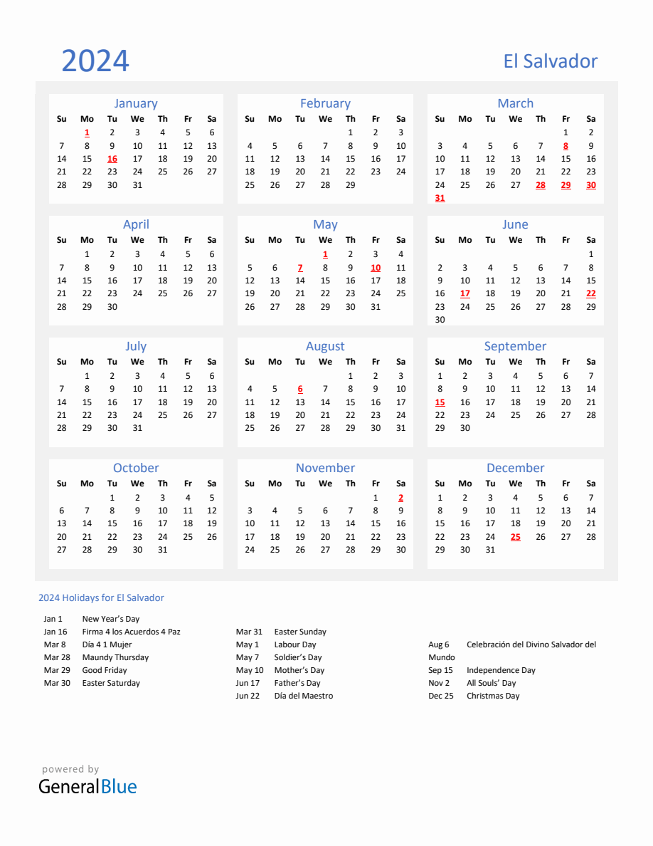 Basic Yearly Calendar with Holidays in El Salvador for 2024