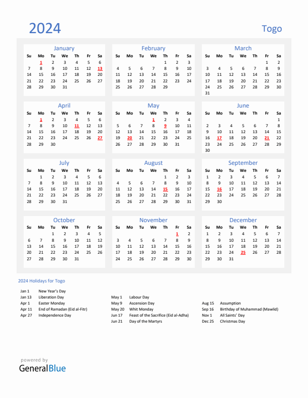 Basic Yearly Calendar with Holidays in Togo for 2024 
