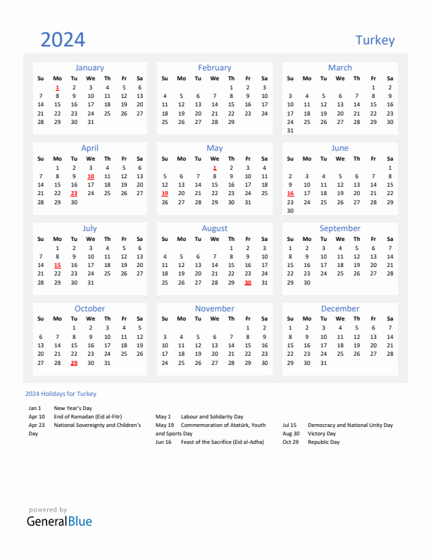 Basic Yearly Calendar with Holidays in Turkey for 2024 