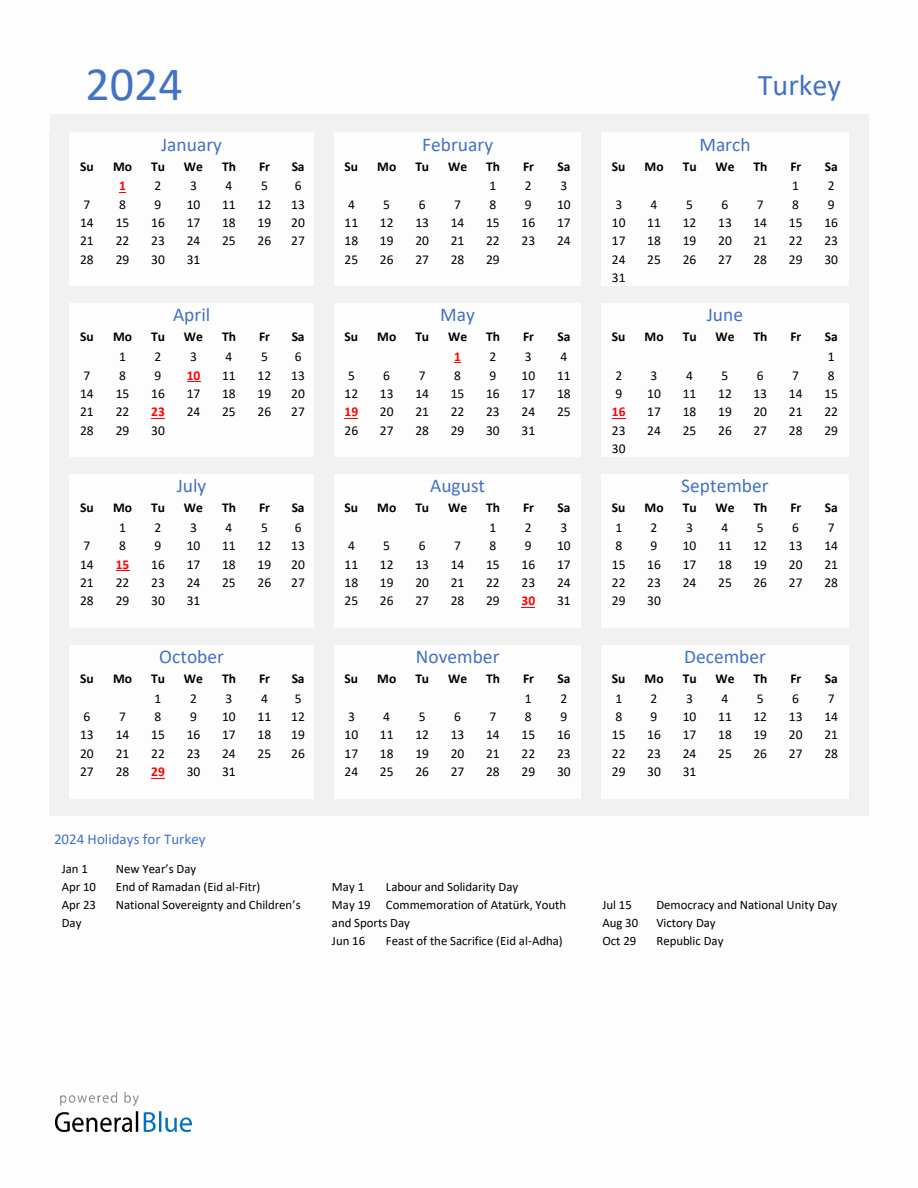 Basic Yearly Calendar with Holidays in Turkey for 2024