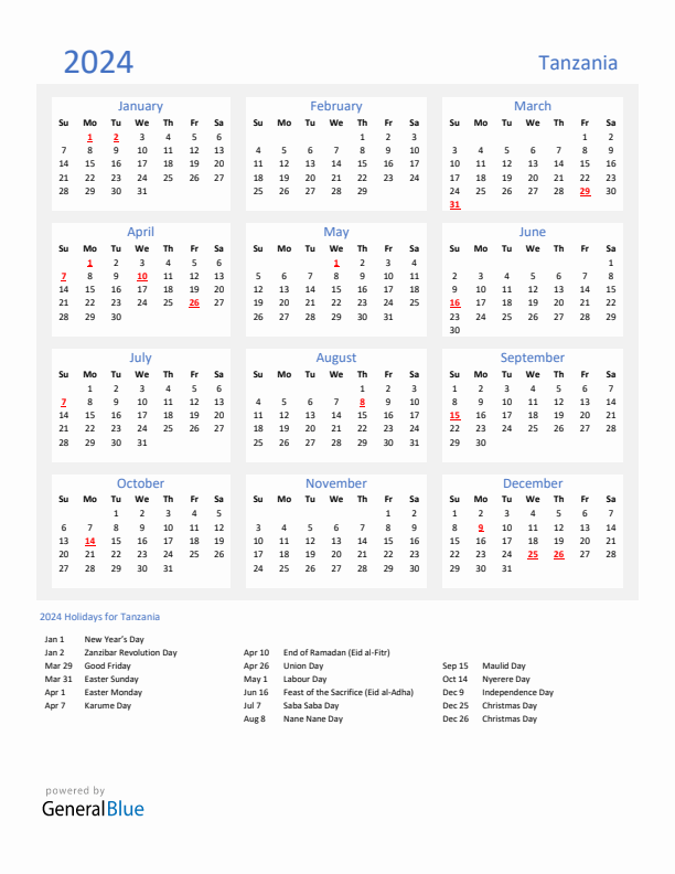 Basic Yearly Calendar with Holidays in Tanzania for 2024 