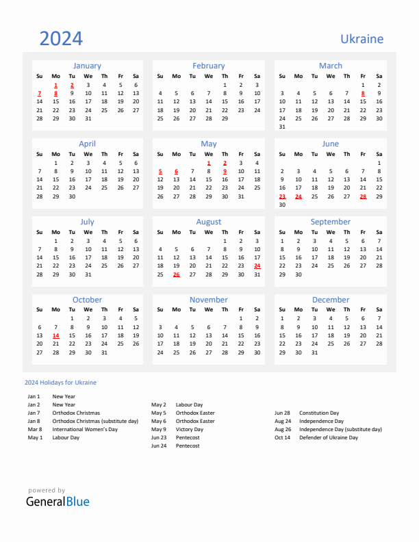 Basic Yearly Calendar with Holidays in Ukraine for 2024 