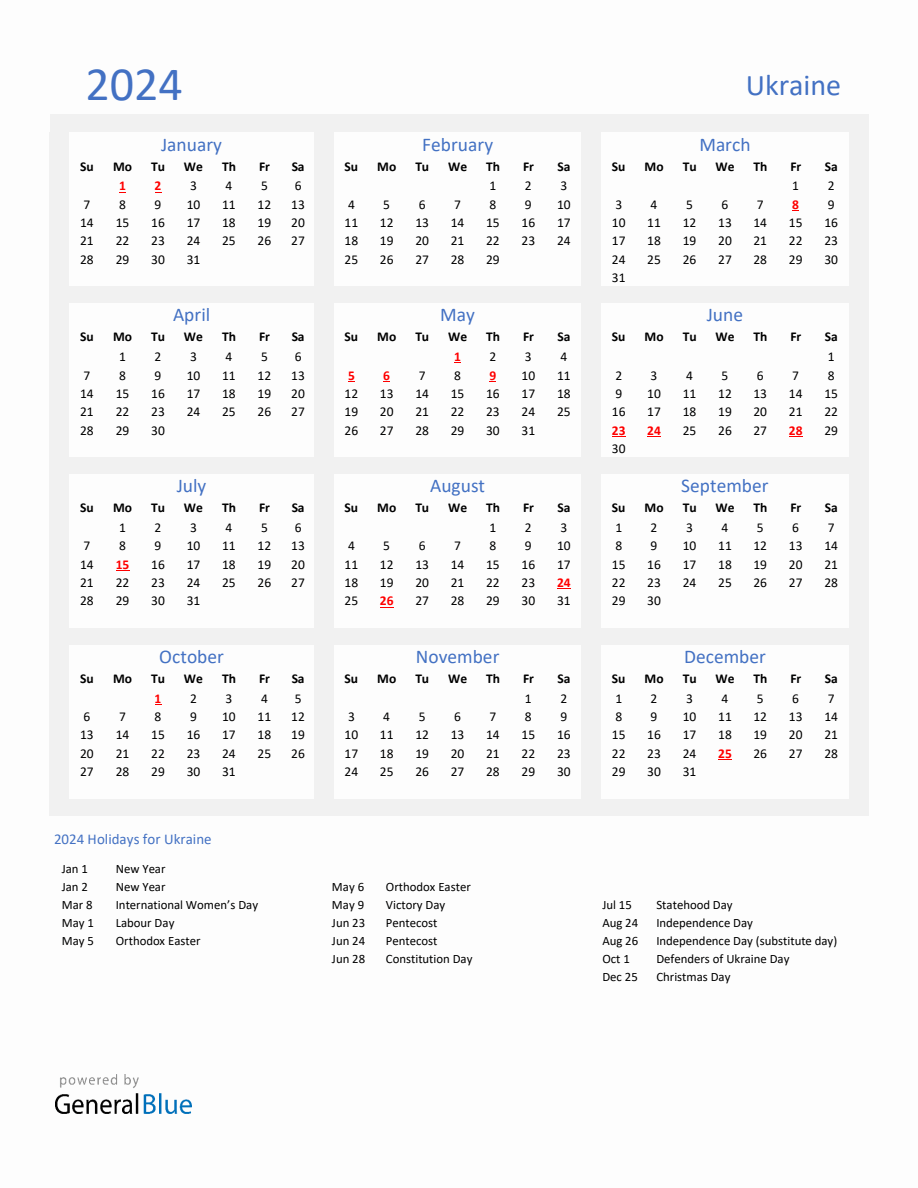 Basic Yearly Calendar with Holidays in Ukraine for 2024