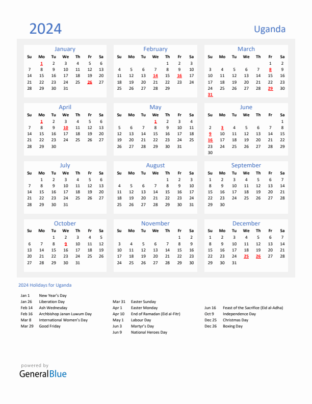 Basic Yearly Calendar with Holidays in Uganda for 2024 