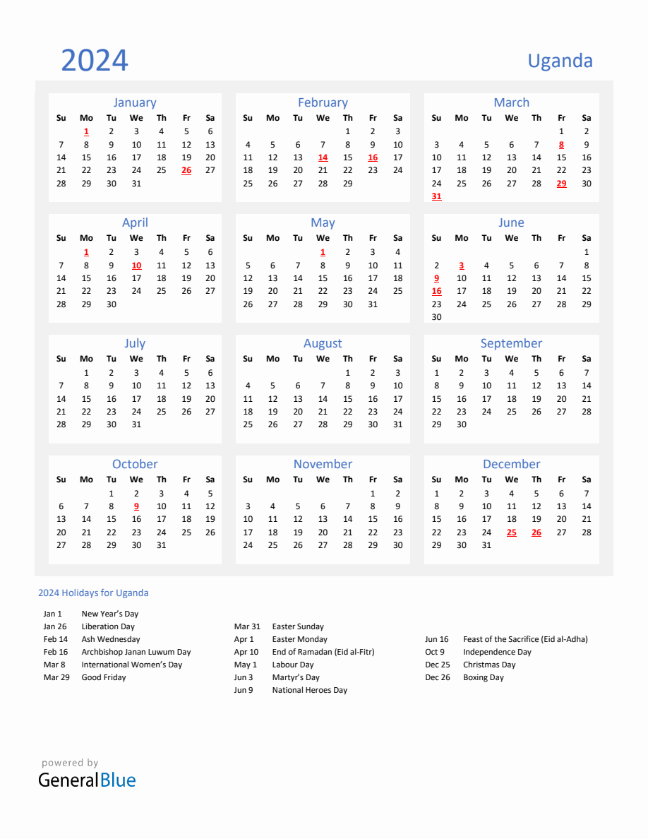 Basic Yearly Calendar With Holidays In Uganda For 2024   2024 Calendar Basic With Holidays Portrait Sunday Start En Ug 918x1188 