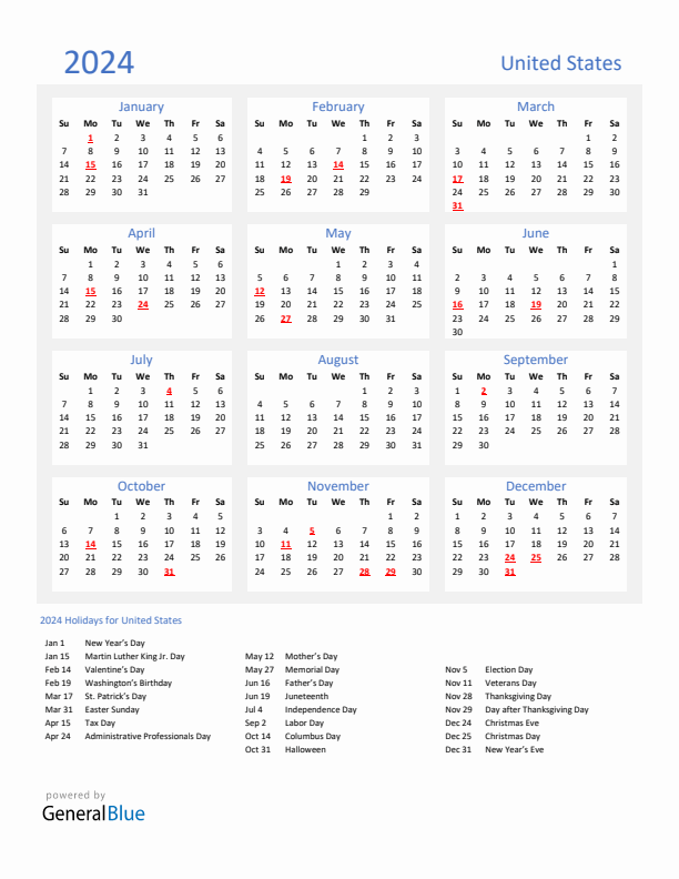 Basic Yearly Calendar with Holidays in United States for 2024 