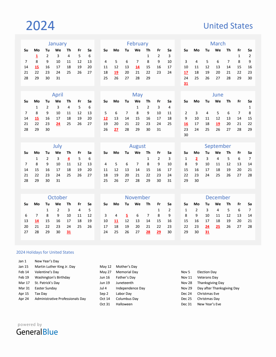 Basic Yearly Calendar with Holidays in United States for 2024