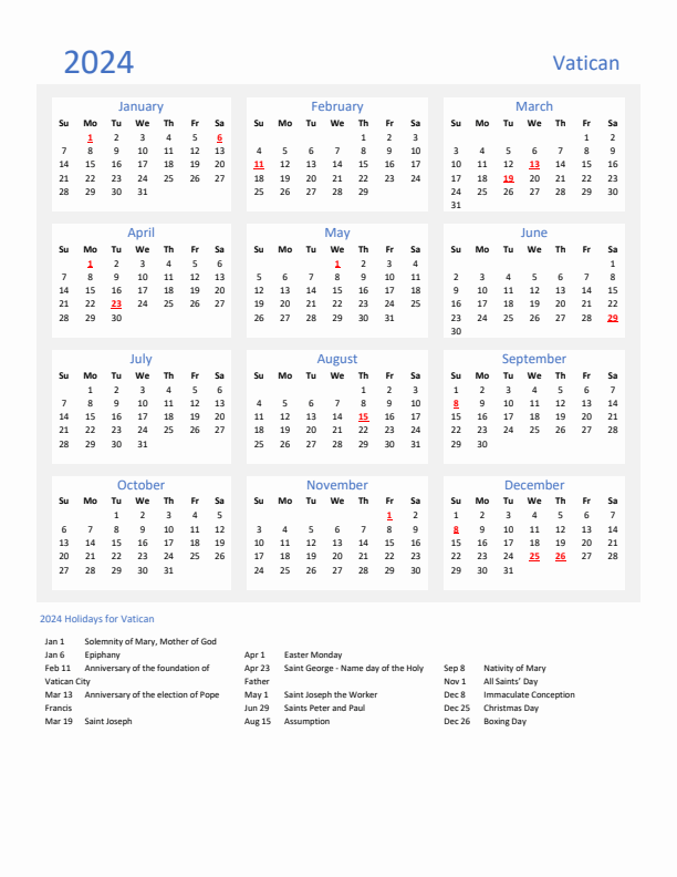 Basic Yearly Calendar with Holidays in Vatican for 2024 