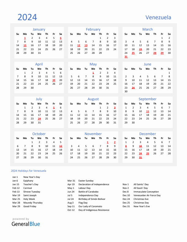 Basic Yearly Calendar with Holidays in Venezuela for 2024 
