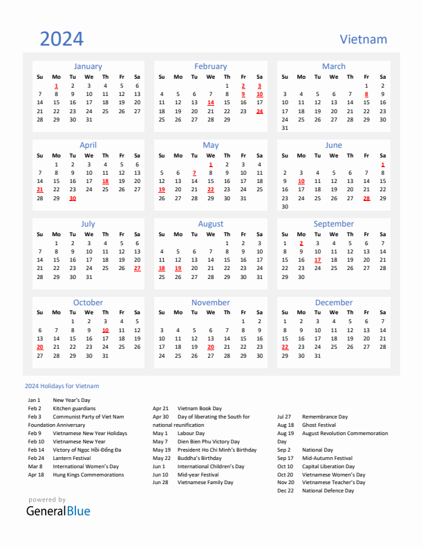 Basic Yearly Calendar with Holidays in Vietnam for 2024 