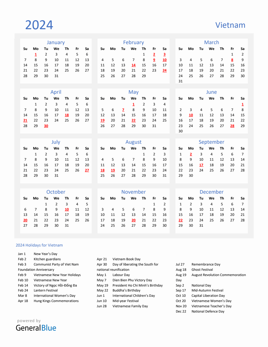 Basic Yearly Calendar with Holidays in Vietnam for 2024